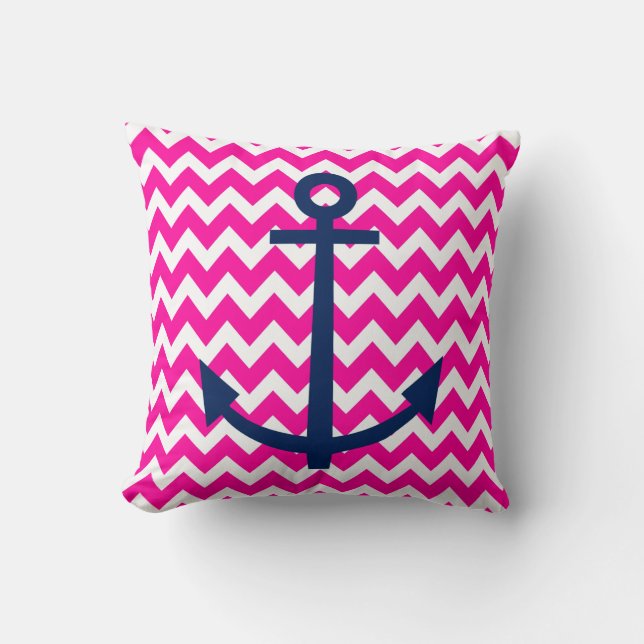 Anchor Chevron Nautical Pink and Navy Cushion (Front)