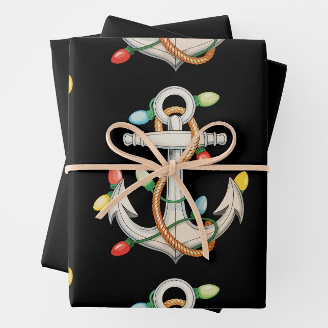 Anchor Christmas Xmas Lights Sailing Cruise Boat Wrapping Paper Sheet (In situ)