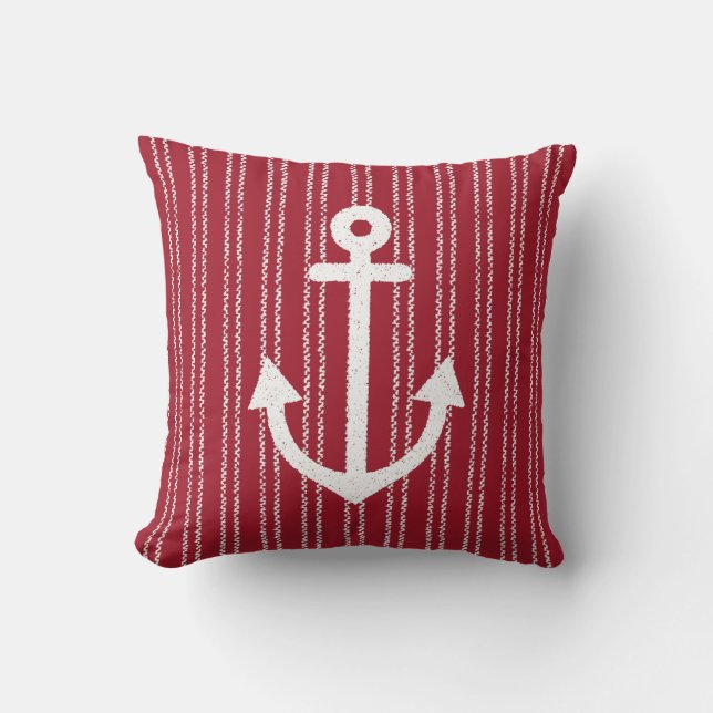 Anchor Coastal Striped Red Throw Pillow (Front)