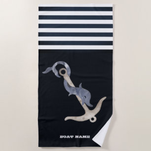 Anchor Dolphin Navy Blue Stripes Beach Towel