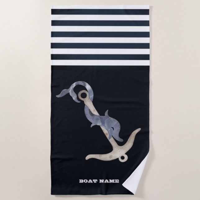 Anchor Dolphin Navy Blue Stripes Beach Towel (Front)