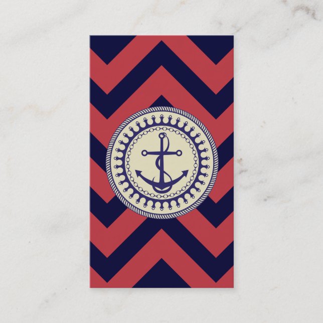 Anchor Down Chevron Red Navy Blue Business Card (Front)