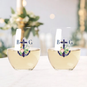 Anchor Floral Nautical Summer Wedding Favour Stemless Wine Glass