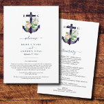 Anchor Floral Nautical Summer Wedding Itinerary Programme<br><div class="desc">A minimalist botanical floral anchor monogram wedding design. A simple nautical design that uses a watercolor anchor decorated in floral, seashells and starfish creating a unique monogram. A charming navy blue and white tropical beach design with classy script typography. An elegant coastal beach themed wedding thank you card design with...</div>