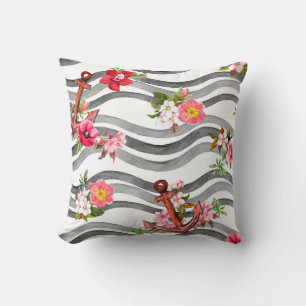 Anchor, flowers and sea waves. Seamless pattern wi Cushion