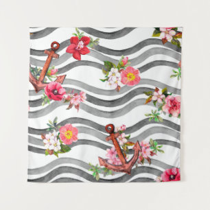 Anchor, flowers and sea waves. Seamless pattern wi Tapestry