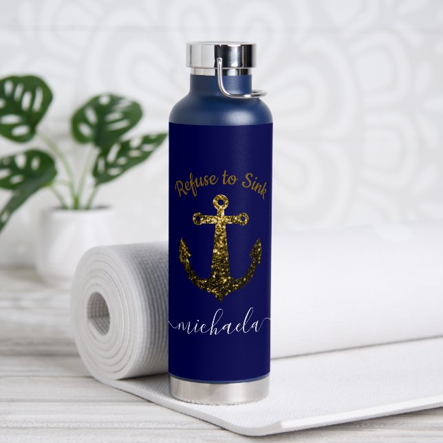 Anchor Gold sparkles navy blue Custom name text Water Bottle (Yoga)