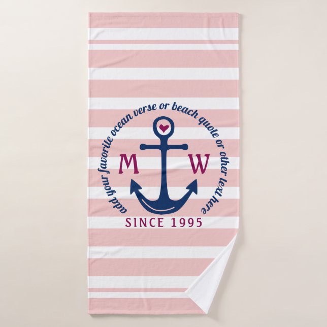 Anchor Heart Pink Stripes Nautical Monogram Logo Bath Towel (Bath Towel)