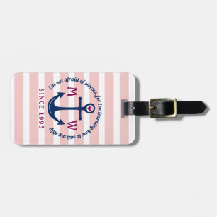 Anchor Heart Pink Stripes Nautical Monogram Logo Luggage Tag