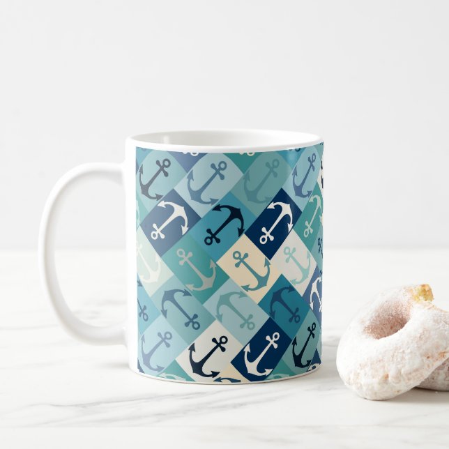 anchor herringbone blue coffee mug (With Donut)
