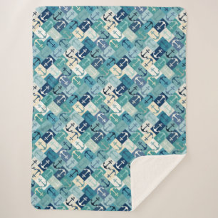 anchor herringbone blue sherpa blanket