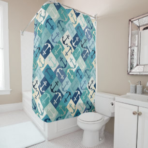 anchor herringbone blue shower curtain