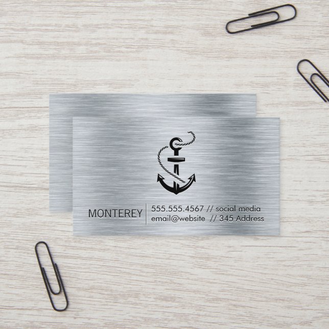 Anchor Icon | Metallic Brushed Background Business Card (Front/Back In Situ)