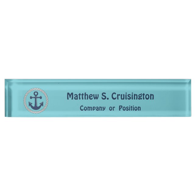 Anchor in Rope on blue Personalised Nautical Nameplate (Front)