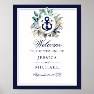 Anchor Monogram Greenery Wreath Wedding Welcome Poster