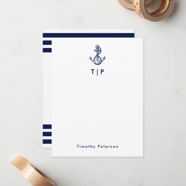 Anchor Monogram & Name Navy Blue & White Stripes Card (Front/Back In Situ)