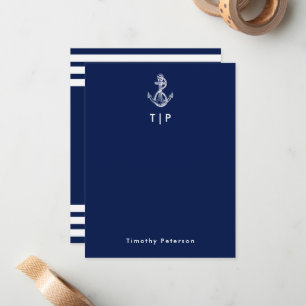 Anchor Monogram & Name Navy Blue & White Stripes Card