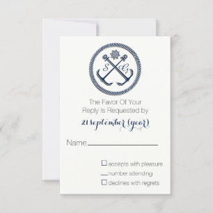 Anchor Monograms, Nautical Wedding rsvp 3.5 x 5 Card