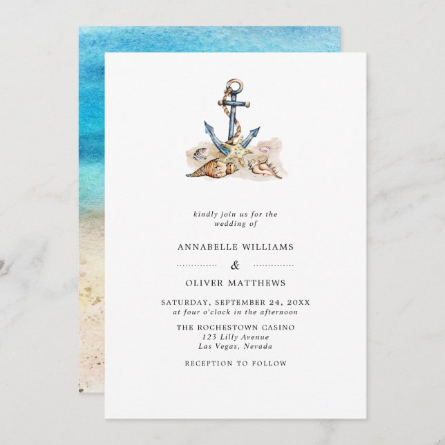 Anchor Nautical Beach Summer Wedding  Invitation (Front/Back)