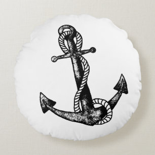 Anchor Nautical Black and white Round Cushion