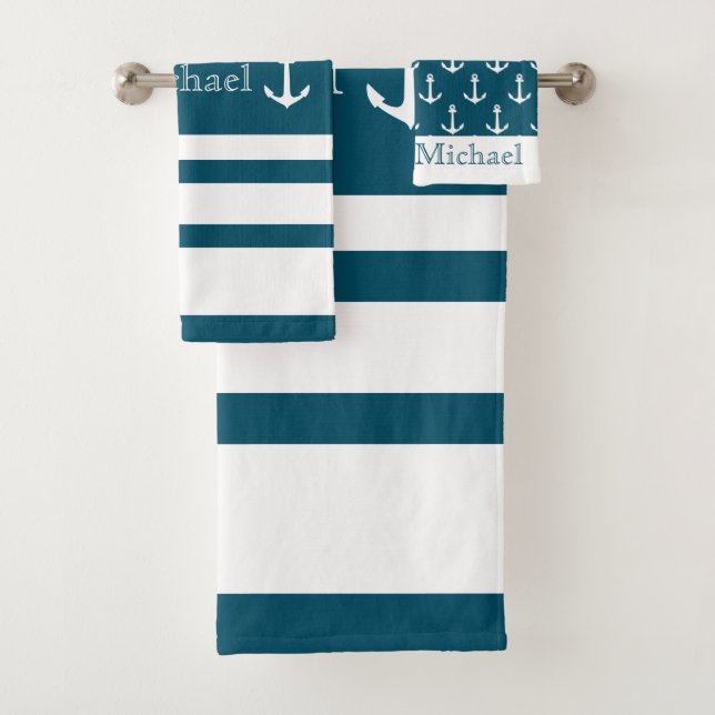 Anchor Nautical Blue And White Stripes Name Bath Towel Set (Insitu)