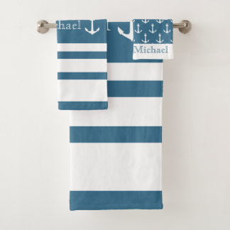 Anchor Nautical Coastal Blue White Stripes Name Bath Towel Set