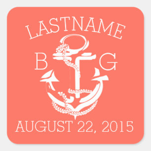 Anchor Nautical Coral Monogram Square Sticker