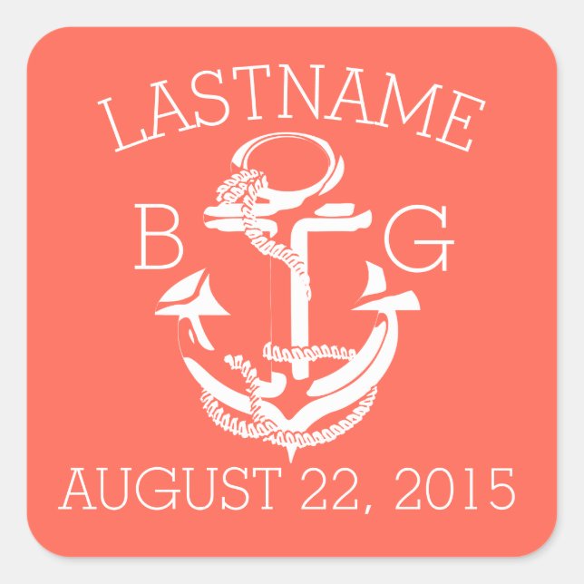 Anchor Nautical Coral Monogram Square Sticker (Front)