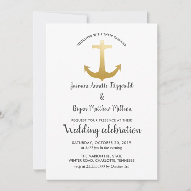 Anchor Nautical Faux Gold Foil | Ocean Wedding Invitation (Front)