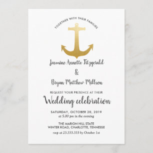 Anchor Nautical Faux Gold Foil   Ocean Wedding Invitation