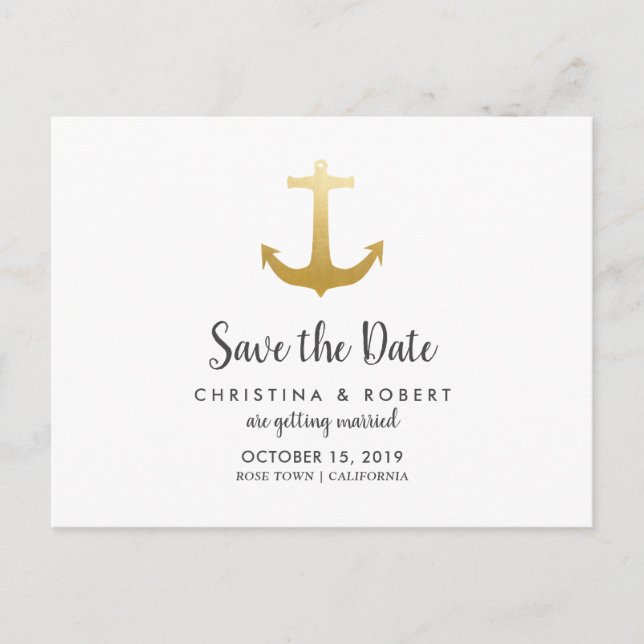 Anchor Nautical Faux Gold Foil | Save The Date Announcement Postcard (Front)