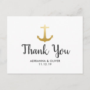 Anchor Nautical Faux Gold Foil Wedding Thank You Postcard
