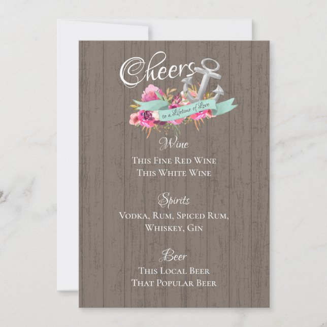 Anchor Nautical Floral Bar Menu Invitation (Front)