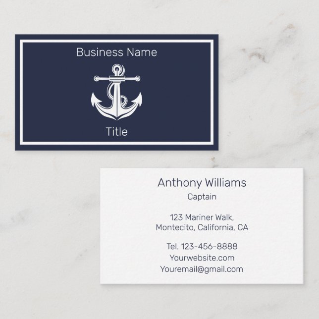 Anchor Nautical Navy Blue Sailor Sailing Business Card (Front/Back)