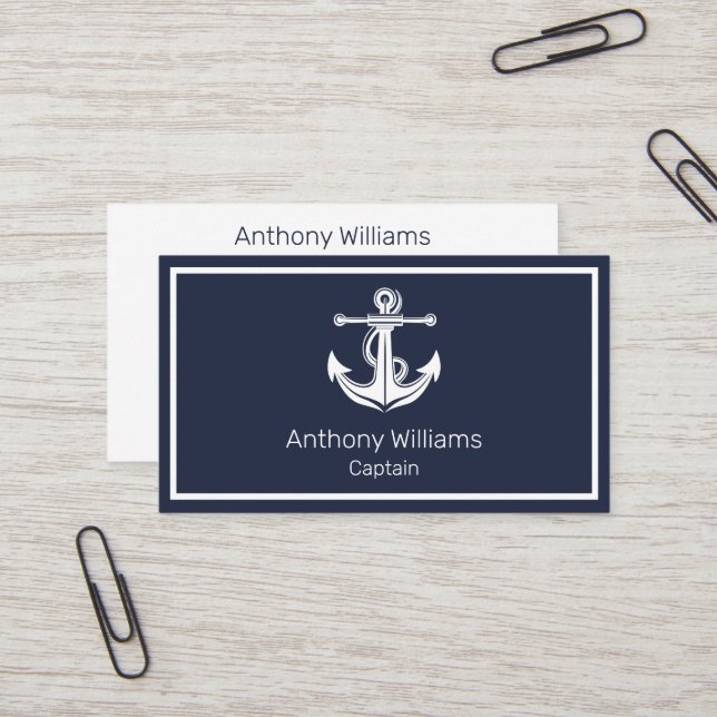 Anchor Nautical Navy Blue Sailor Sailing Business Card (Front/Back In Situ)