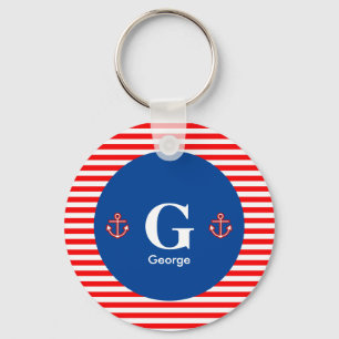 Anchor Nautical Navy Red White Stripes Pattern Key Ring