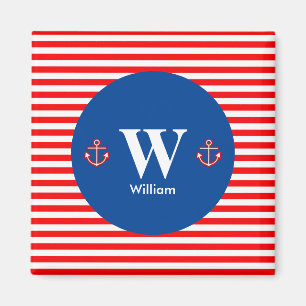 Anchor Nautical Navy Red White Stripes Pattern Magnet