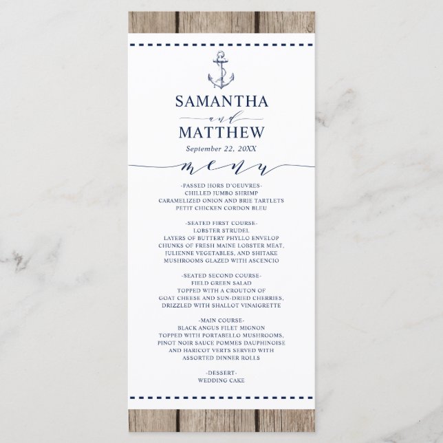 Anchor Nautical Navy Rustic Wood Wedding Menu (Front)