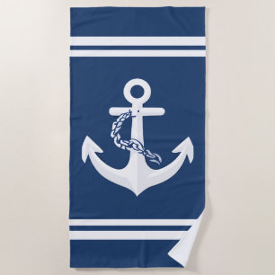 Anchor Nautical Sailing Boating White Navy Blue Beach Towel