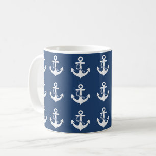 Anchor Nautical Sailing Boating White Navy Blue Coffee Mug