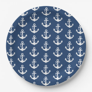 Anchor Nautical Sailing Boating White Navy Blue Paper Plate