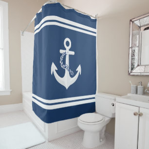 Anchor Nautical Sailing Boating White Navy Blue Shower Curtain