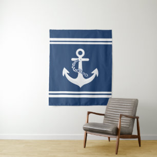 Anchor Nautical Sailing Boating White Navy Blue Tapestry