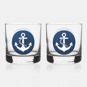 Anchor Nautical Sailing Boating White Navy Blue Whiskey Glass