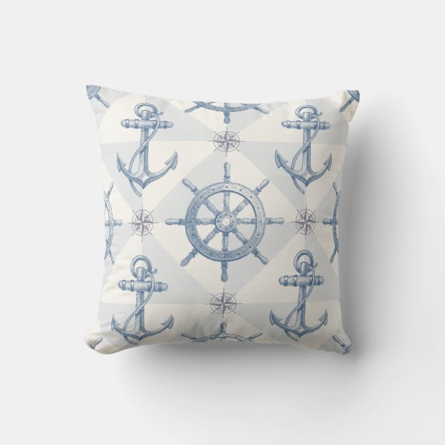 Anchor Nautical Sailing Ships Wheel Hand Drawn Cushion (Front)