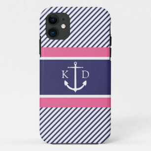 Anchor & Nautical Stripes & Monogram Navy &Pink Case-Mate iPhone Case