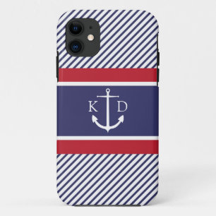 Anchor & Nautical Stripes & Monogram Navy & Red Case-Mate iPhone Case