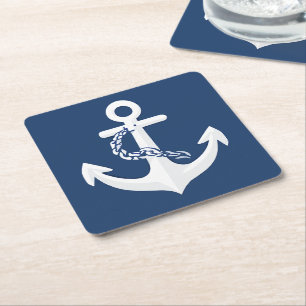 Anchor Nautical Symbol Classic White Navy Blue Square Paper Coaster