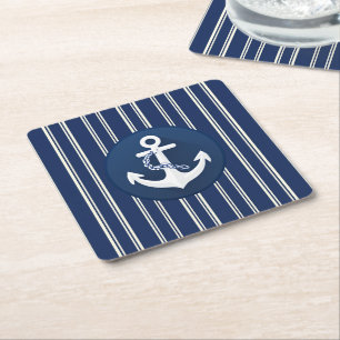 Anchor Nautical Symbol White Navy Blue Square Paper Coaster