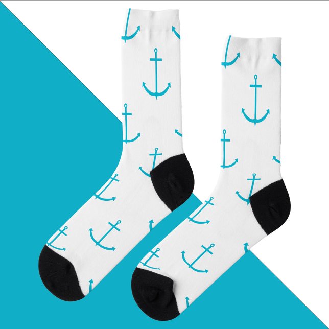 Anchor Nautical Turquoise Pattern Socks (A pair of socks with a turquoise anchor pattern)